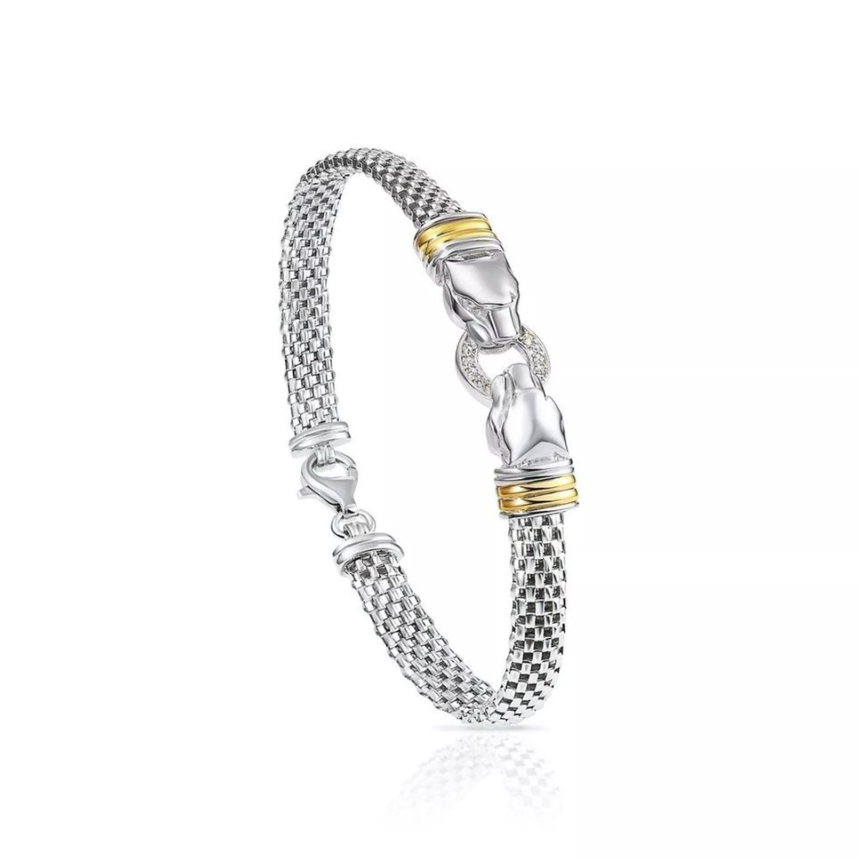 925 Solid Sterling Silver Italian Popcorn Chain Bracelet With CZ Jaguar Head