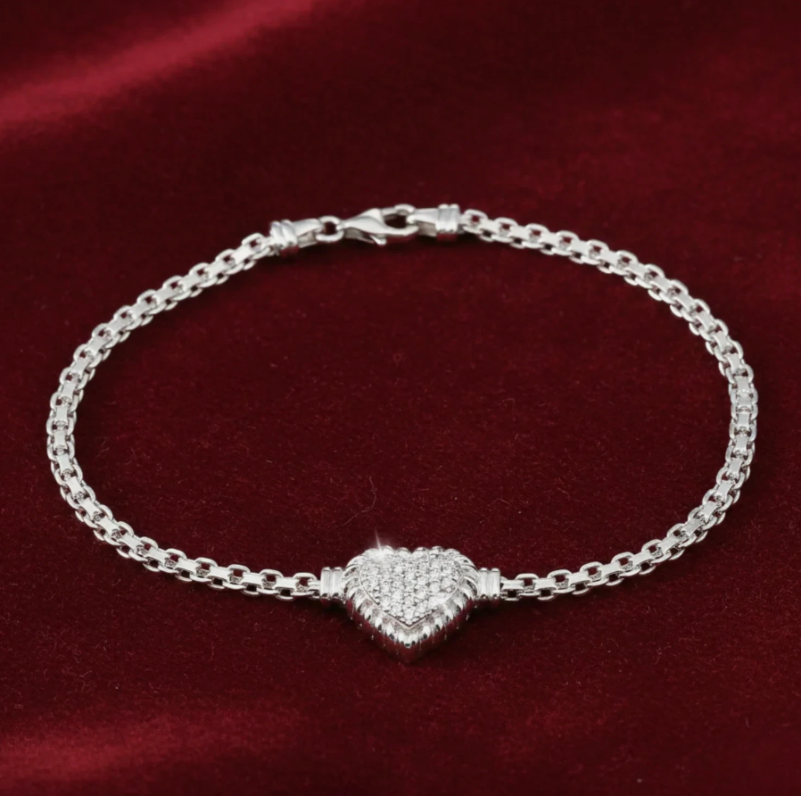 925 Sterling Silver Pave Heart Italian Bracelet 7.5"