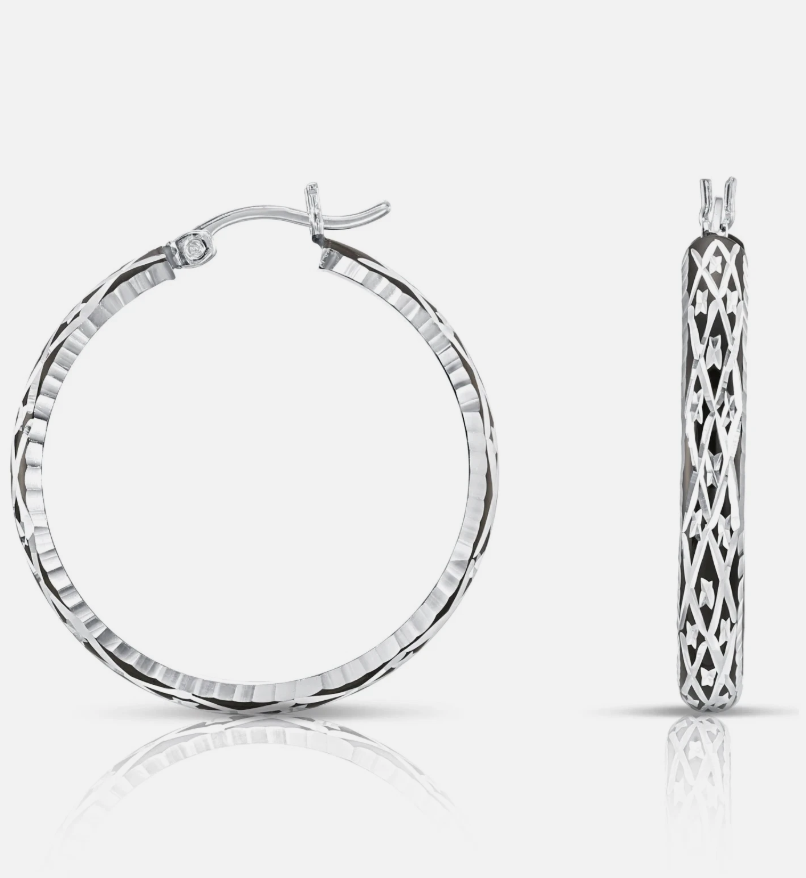 Sterling Silver Black Diamond-Cut Tubular Hoop Earrings 30mm