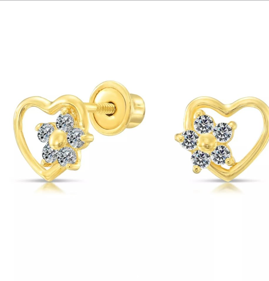 10K Yellow Gold Heart Flower Studs