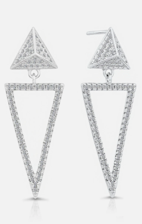 925 Sterling Silver CZ Geometric 3D Triangle Dangle Drop Ear Post Stud Earrings