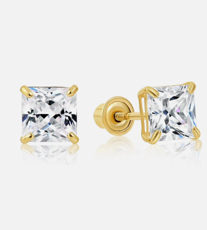 14K Solid Yellow Gold Princess-Cut CZ Sleeper Stud Earrings Screw-back 4mm
