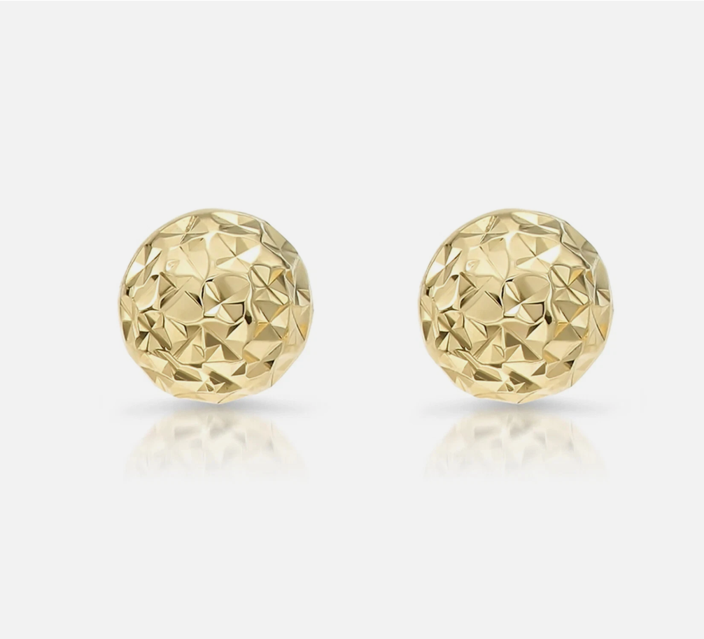 14K Real Solid Yellow Gold Diamond-Cut Round Ball Stud Earrings