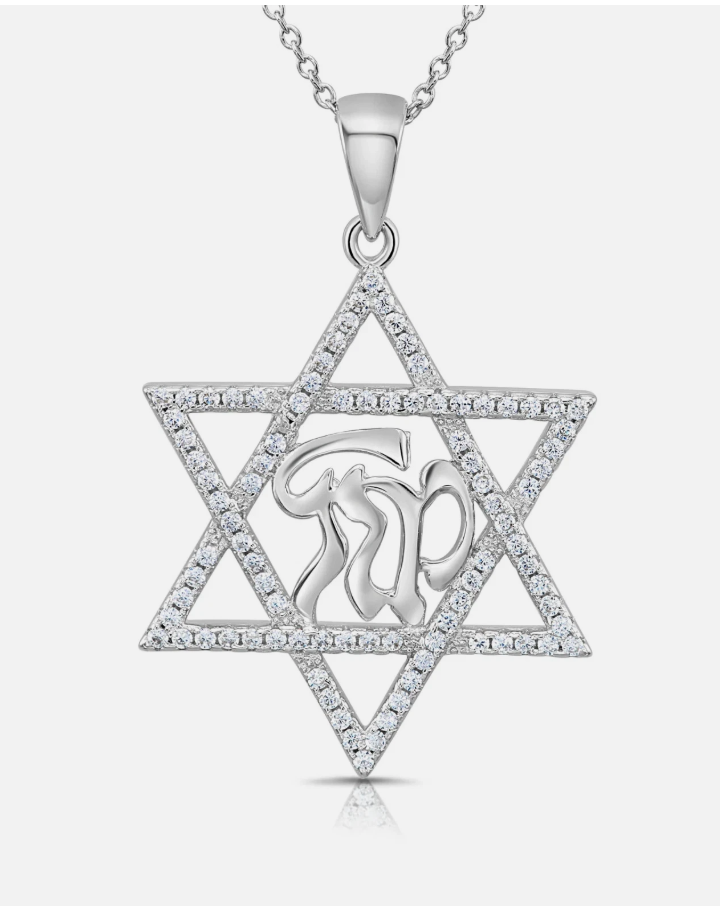925 Sterling Silver Star of David with Mazal CZ Pendant Necklace