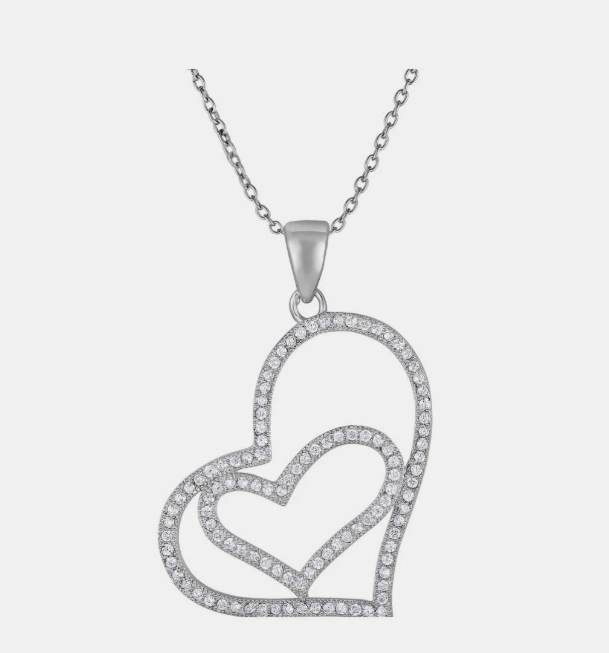 925 Sterling Silver CZ Double Open Heart Pendant Necklace