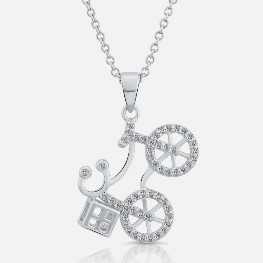 925 Sterling Silver CZ Bicycle Pendant Necklace