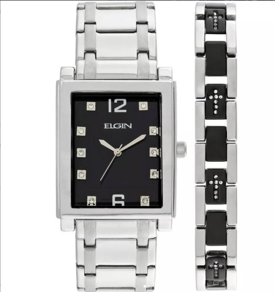 Elgin Two-Tone Crystal Accent Watch + Cross Bracelet Set