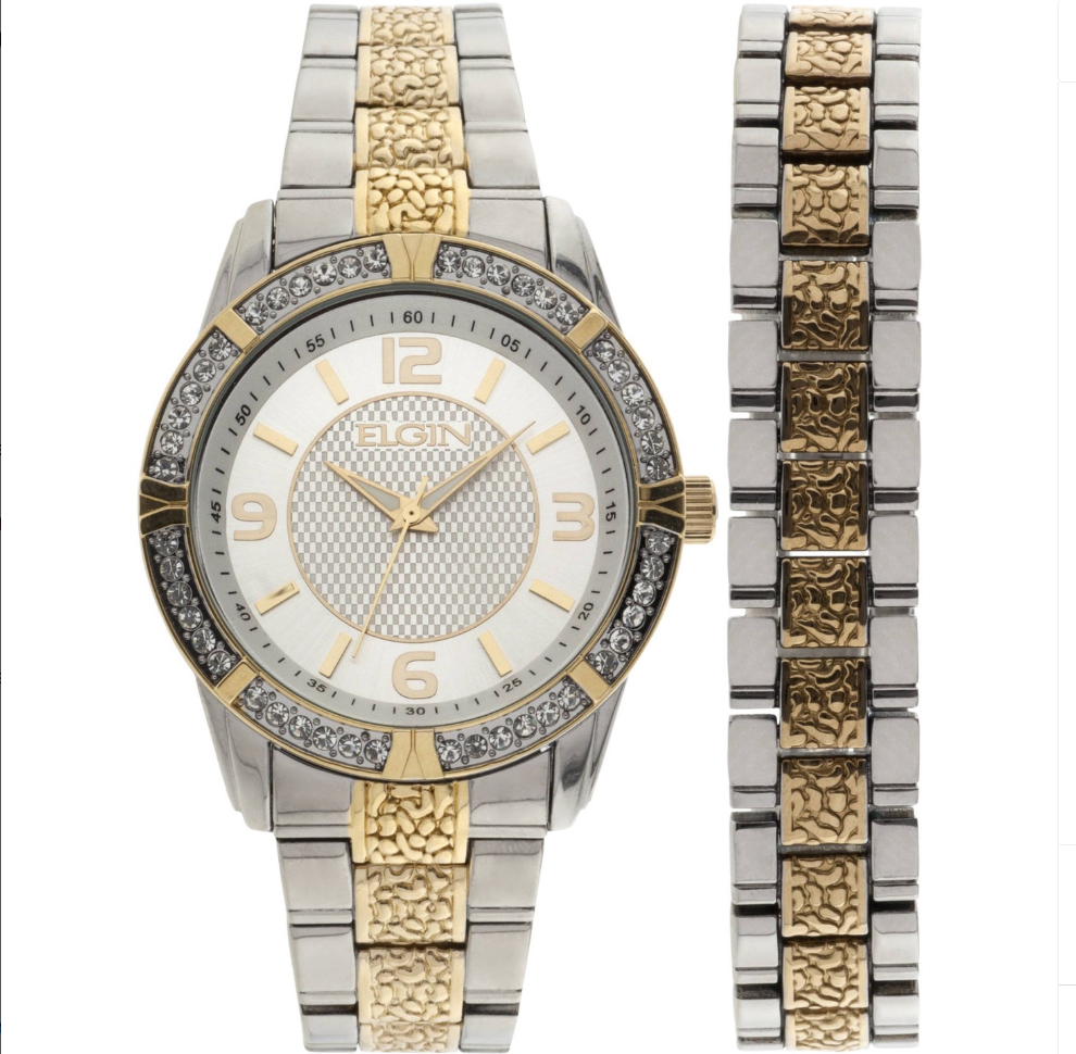 ELGIN Two-Tone Silver Dial Watch and Bracelet Set